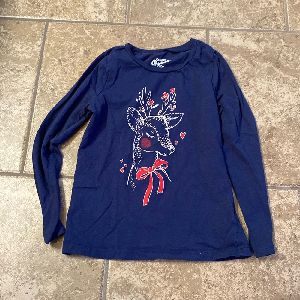 OshKosh size 6 /6x reindeer buck love holiday winter long sleeve navy blue shirt